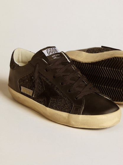 GGDB - Super-Star pour femme à paillettes noires avec étoile en daim noir et empiècements en cuir