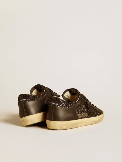 GGDB - Super-Star pour femme à paillettes noires avec étoile en daim noir et empiècements en cuir