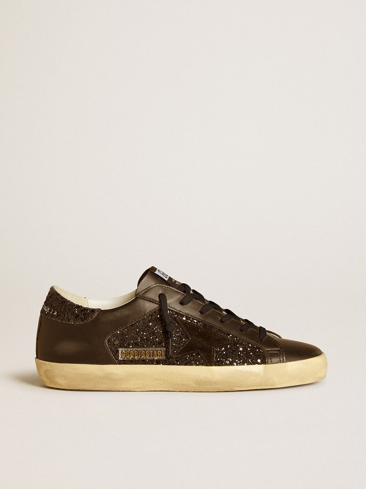 GGDB - Super-Star pour femme à paillettes noires avec étoile en daim noir et empiècements en cuir
